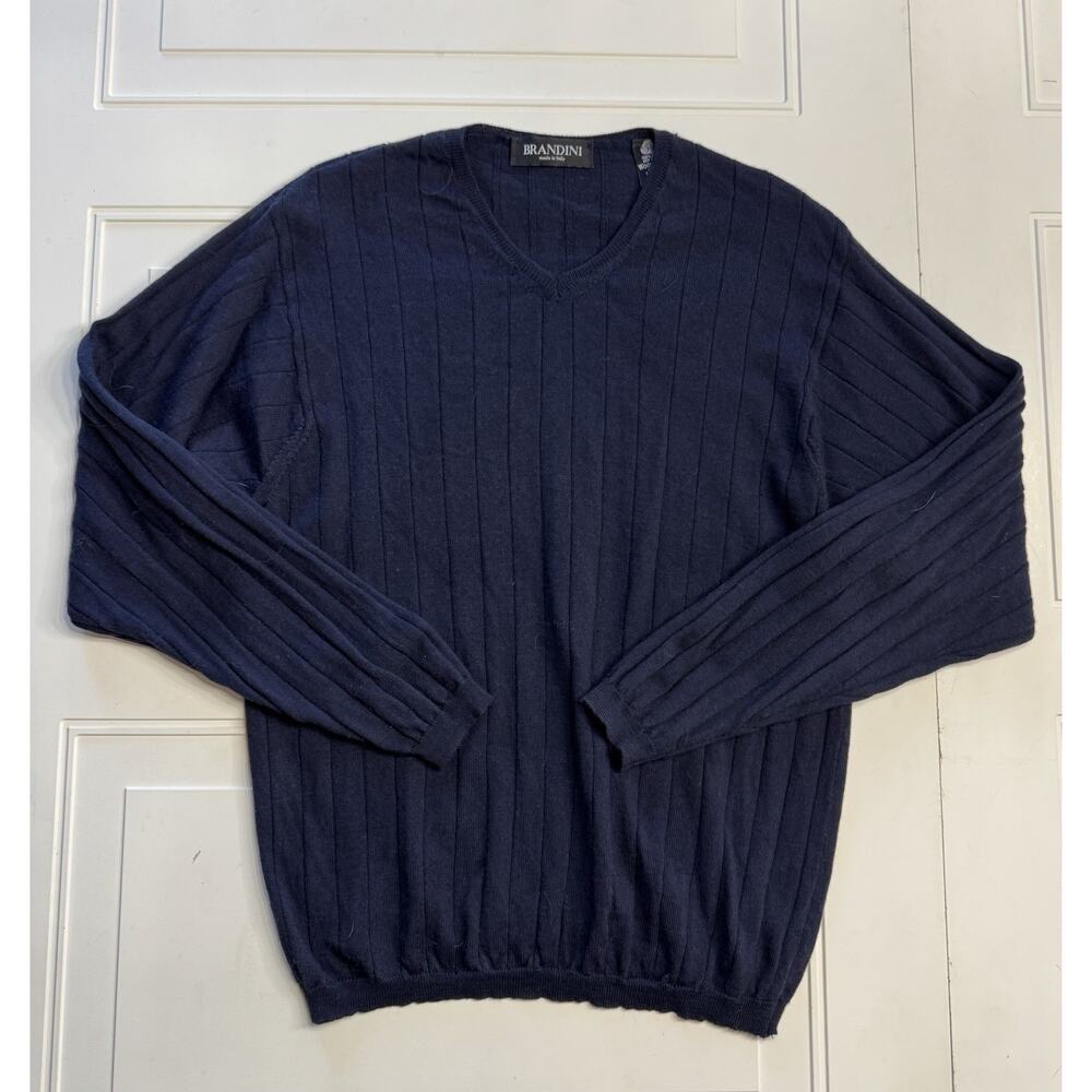 Brandini Navy Blue Merino Wool Ribbed Long Sleeve V Neck Sweater Men's Medium
